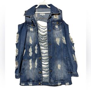 Ziva Curve Distressed Destroyed Thrashed Cold Shoulder Denim Jean‎ Jacket Small